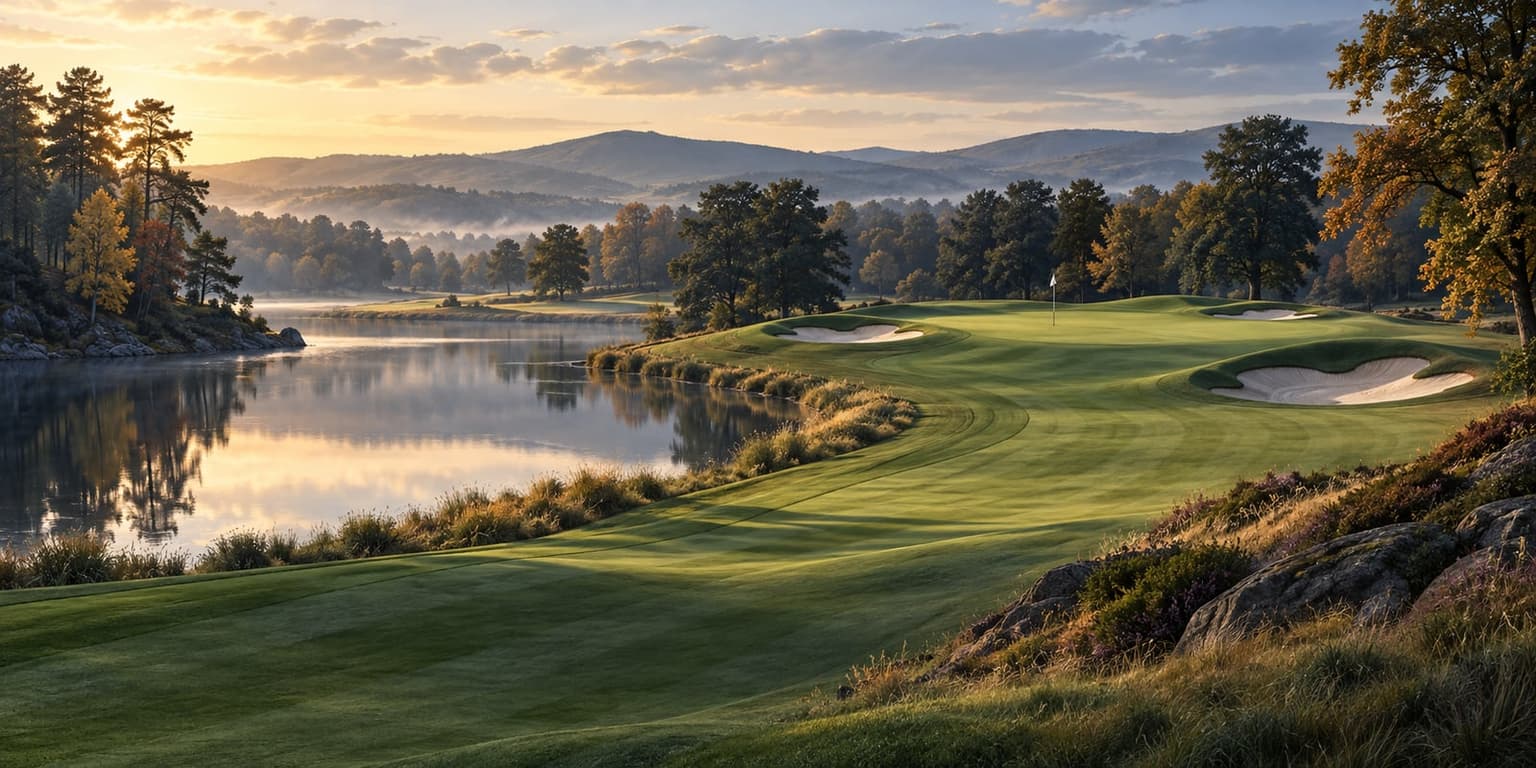 Illustrated golf green beside a lake in early autumn light